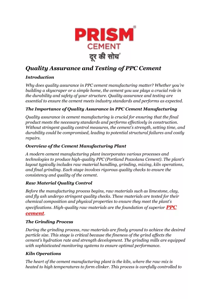 quality assurance and testing of ppc cement