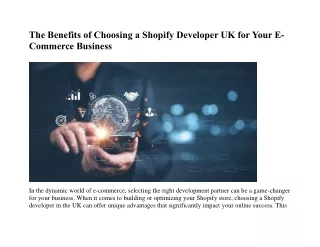 The Benefits of Choosing a Shopify Developer UK for Your E-Commerce Business