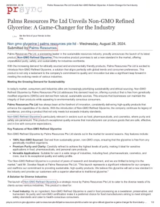 A Revolution in the Industry - Palms Resources Pte Ltd Unveils Non-GMO Refined Glycerine