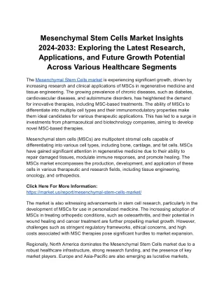 Mesenchymal Stem Cells Market 2024-2033: Key Challenges and Opportunities in the