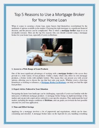 Top 5 Reasons to Use a Mortgage Broker for Your Home Loan