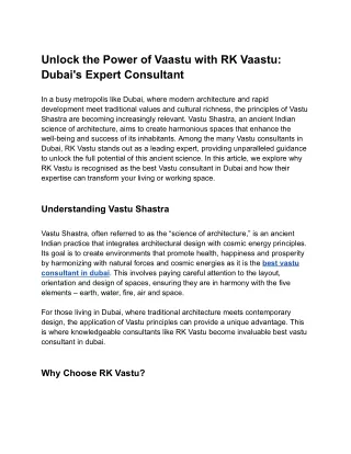 Unlock the Power of Vaastu with RK Vaastu: Dubai's Expert Consultant