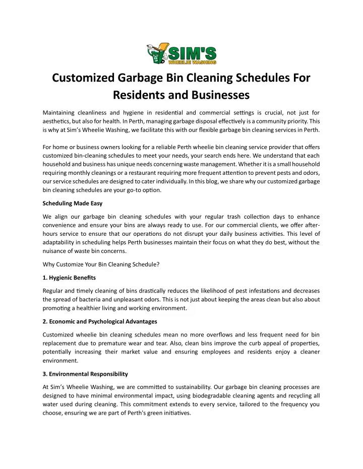 customized garbage bin cleaning schedules