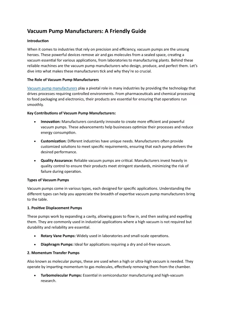 vacuum pump manufacturers a friendly guide