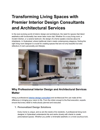 Transforming Living Spaces with Premier Interior Design Consultants and Architectural Services