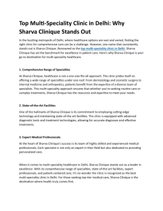 Top Multi-Speciality Clinic in Delhi Why Sharva Clinique Stands Out