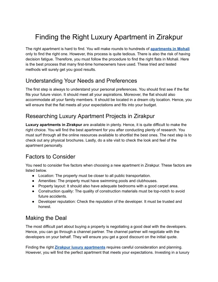 finding the right luxury apartment in zirakpur