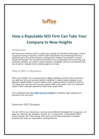 How a Reputable SEO Firm Can Take Your Company to New Heights