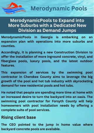 Merodynamic Pools to Expand into More Suburbs with a Dedicated New Division