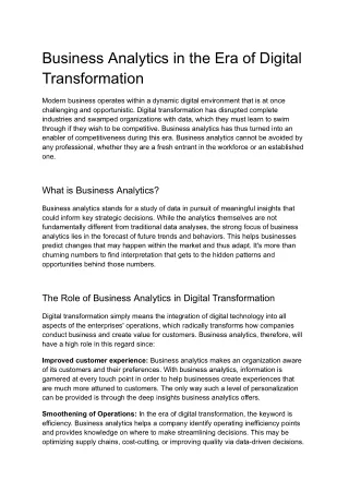Business Analytics in the Era of Digital Transformation