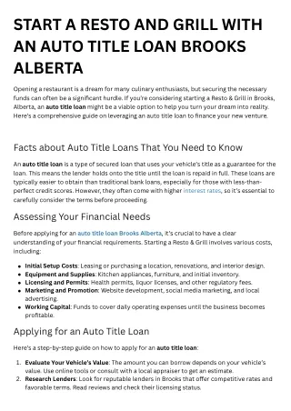 START A RESTO AND GRILL WITH AN AUTO TITLE LOAN BROOKS ALBERTA