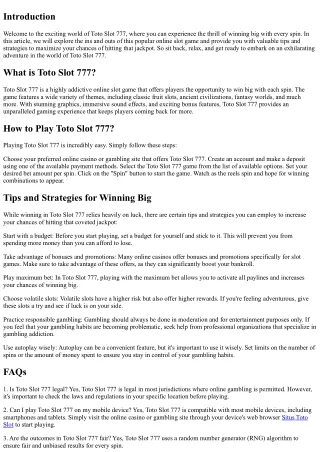 Toto Slot 777: Win Big with Every Spin