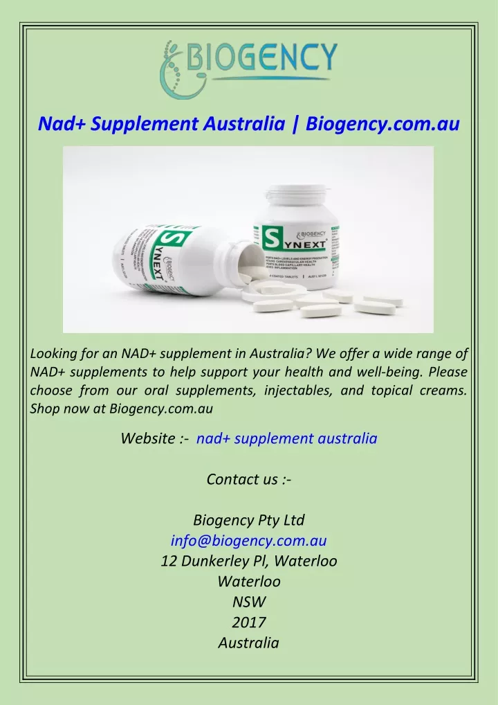 nad supplement australia biogency com au