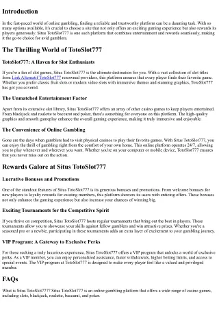 Situs TotoSlot777: The Perfect Blend of Entertainment and Rewards