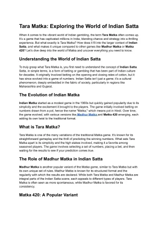 Tara Matka: Exploring the World of Indian Satta