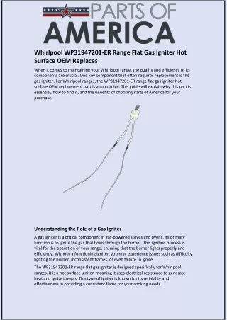 Whirlpool WP31947201-ER Range Flat Gas Igniter Hot Surface OEM Replaces