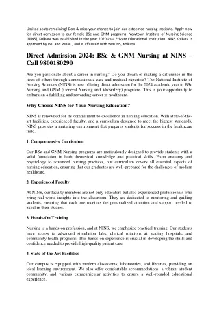 Direct Admission 2024 BSc & GNM Nursing at NINS Call 9800180290