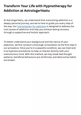 Transform Your Life with Hypnotherapy for Addiction at AstrologerVastu