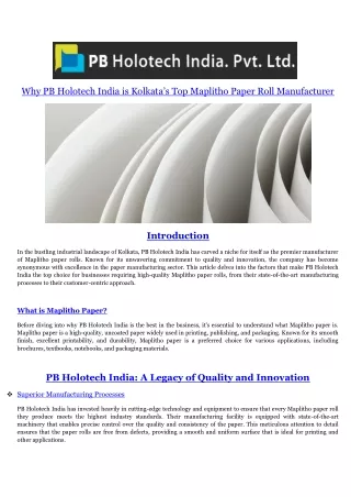 Why PB Holotech India is Kolkata’s Top Maplitho Paper Roll Manufacturer