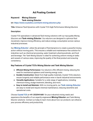 Optimize Your Industrial Processes with Crystal TCS's Advanced Mixing Eductors a