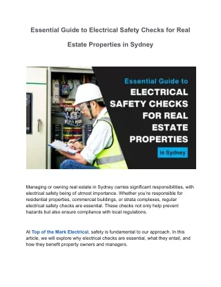 Essential Guide to Electrical Safety Checks for Real Estate Properties in Sydney