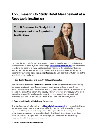 Top 6 Reasons to Study Hotel Management at a Reputable Institution