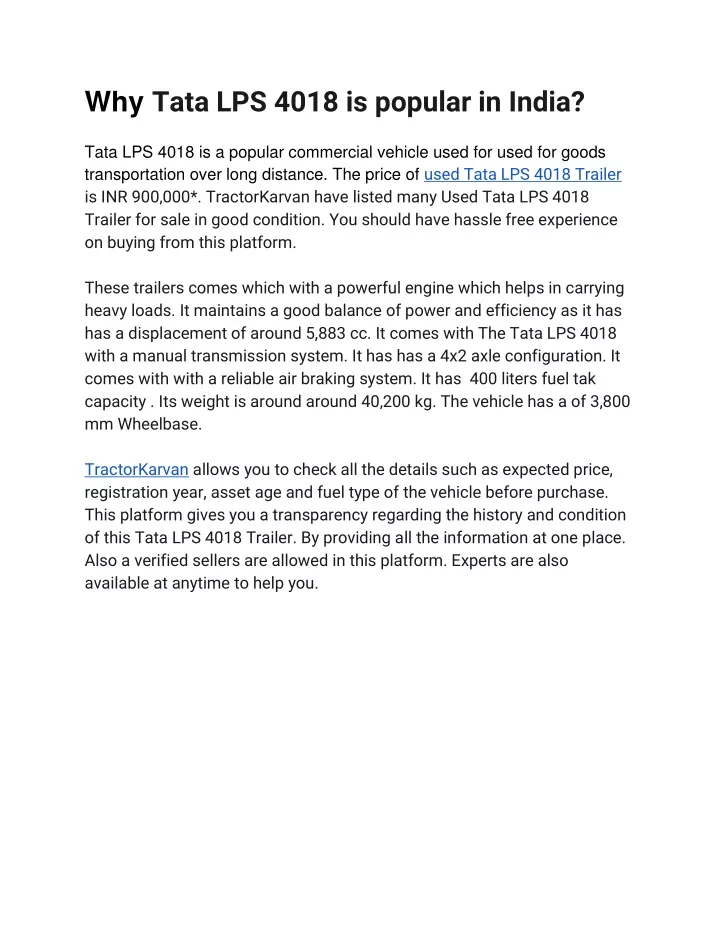 why tata lps 4018 is popular in india