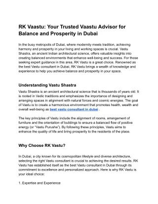 RK Vaastu: Your Trusted Vaastu Advisor for Balance and Prosperity in Dubai