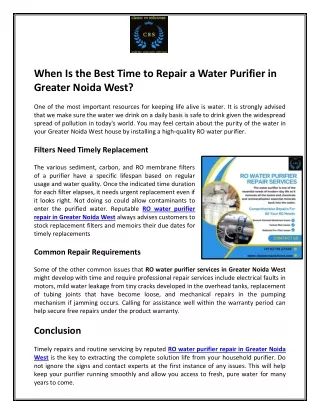 When Is the Best Time to Repair a Water Purifier in Greater Noida West