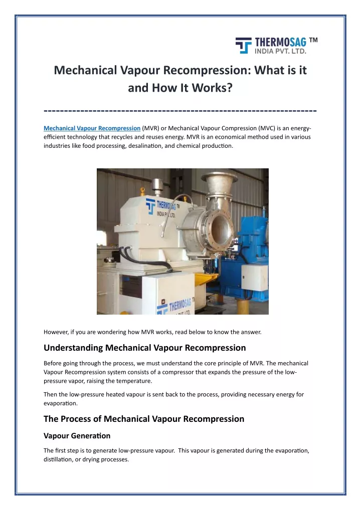 mechanical vapour recompression what