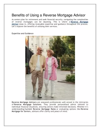 Benefits of Using a Reverse Mortgage Advisor