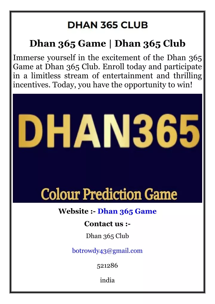 dhan 365 game dhan 365 club