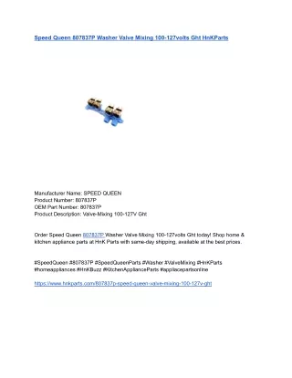 Speed Queen 807837P Washer Valve Mixing 100-127volts Ght HnKParts