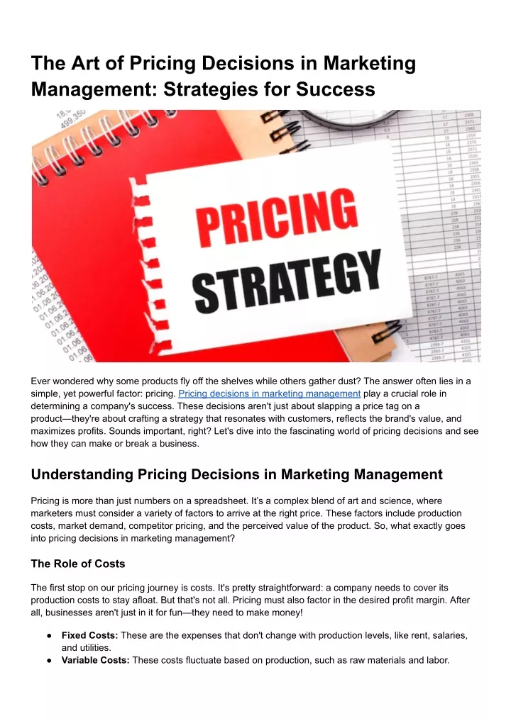 the art of pricing decisions in marketing