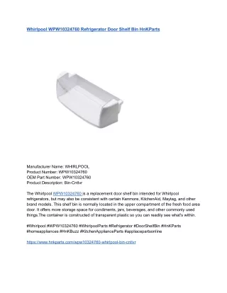 Whirlpool WPW10324760 Refrigerator Door Shelf Bin HnKParts
