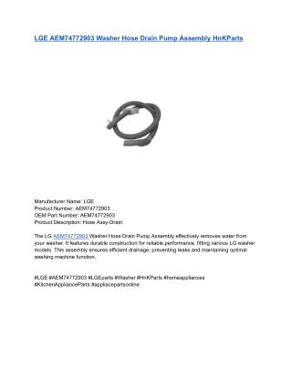 LGE AEM74772903 Washer Hose Drain Pump Assembly HnKParts