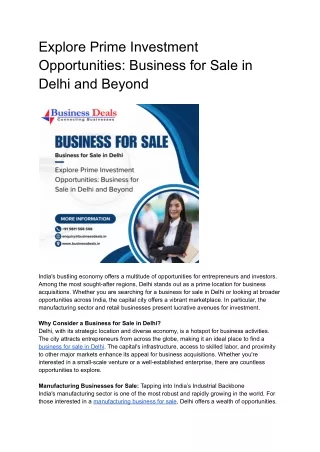 Explore Prime Investment Opportunities: Business for Sale in Delhi and Beyond