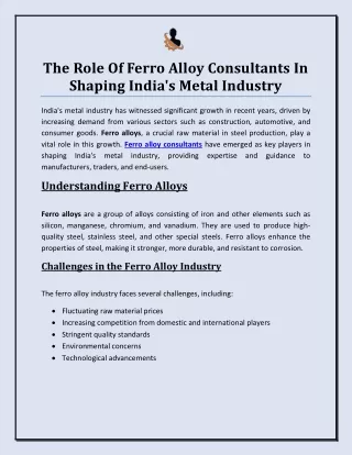 The Role of Ferro Alloy Consultants in Shaping India's Metal Industry