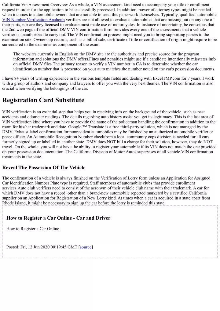 california vin assessment overview as a whole