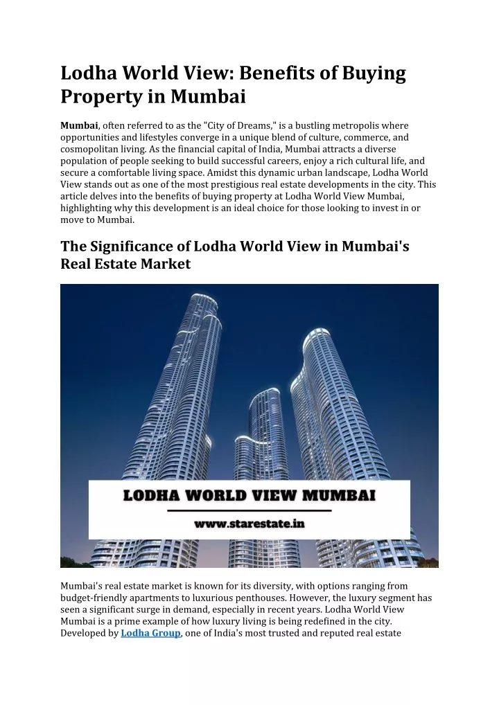 lodha world view benefits of buying property