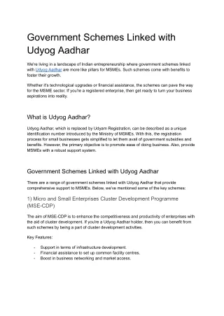 Government Schemes Linked with Udyog Aadhar