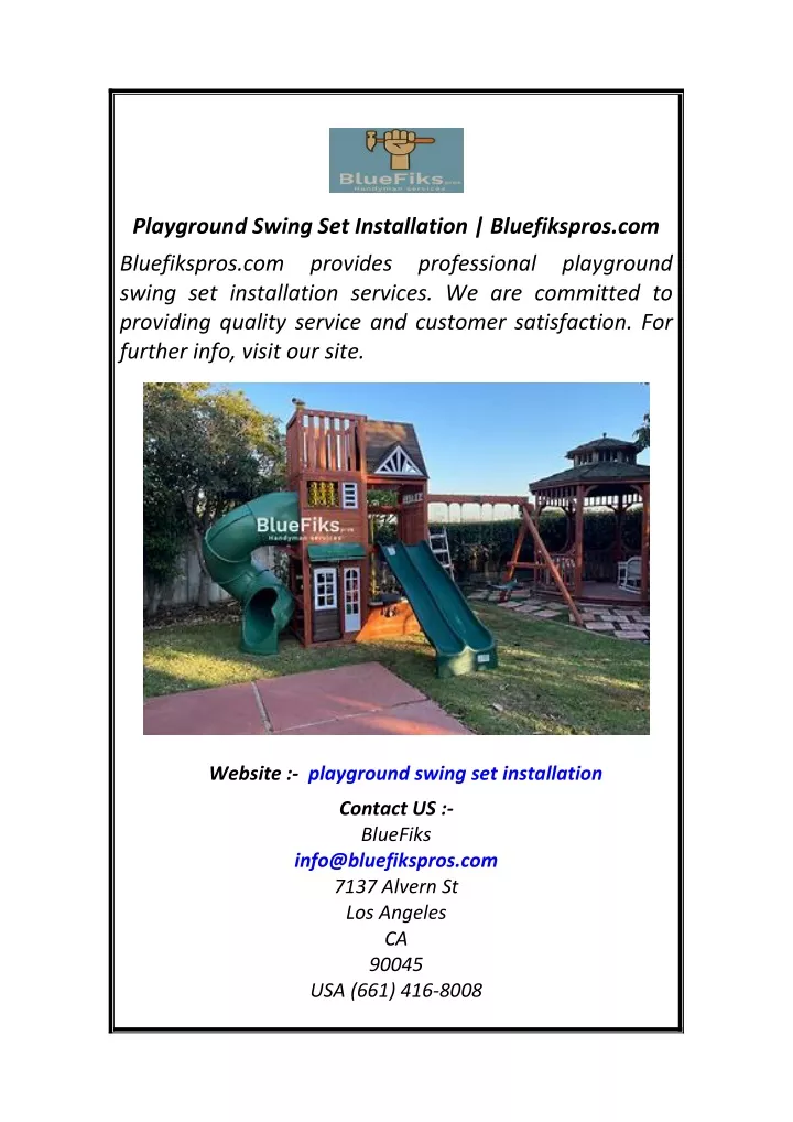 playground swing set installation bluefikspros com