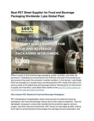 Best PET Sheet Supplier for Food and Beverage Packaging Worldwide: Lyka Global P