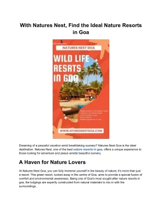 With Natures Nest, Find the Ideal Nature Resorts in Goa