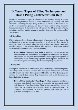 Different Types of Piling Techniques and How a Piling Contractor Can Help