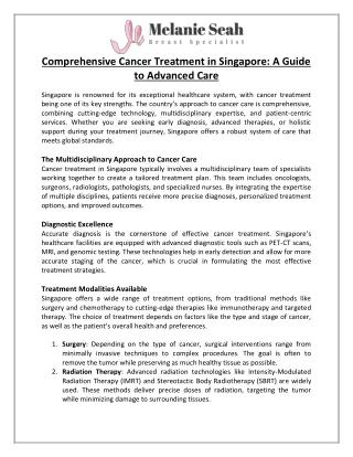 Comprehensive Cancer Treatment in Singapore A Guide to Advanced Care