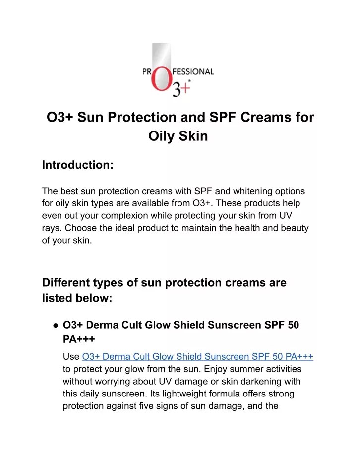 o3 sun protection and spf creams for oily skin