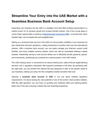 Streamline Your Entry into the UAE Market with a Seamless Business Bank Account Setup