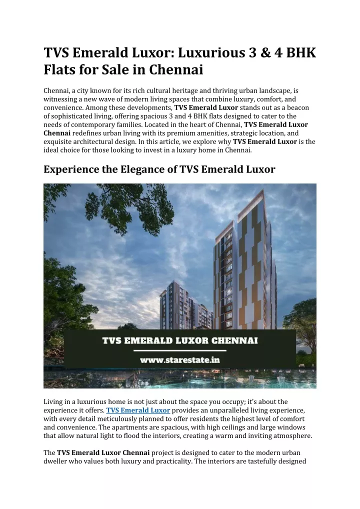 tvs emerald luxor luxurious 3 4 bhk flats