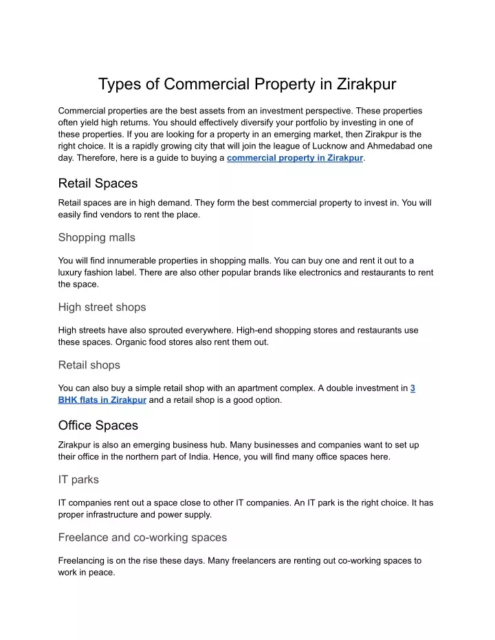 types of commercial property in zirakpur